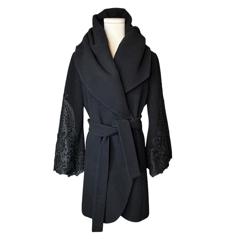 Kobi Wool Blend Wrap Coat Hooded Shawl Collar Flared Sleeves Black size Small
